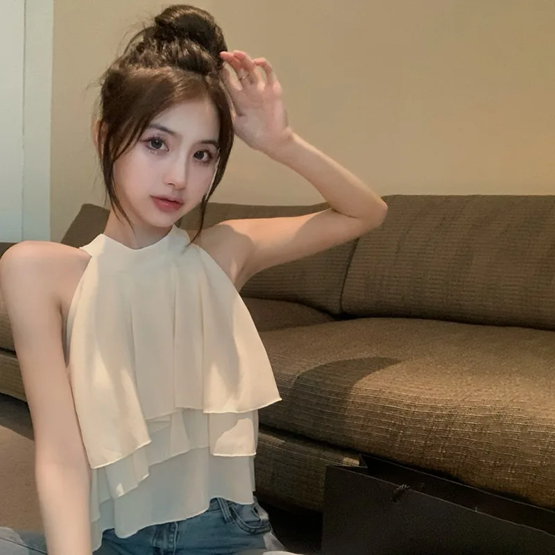 Женская кофта модная пикантная однотонная с оборками Корейская версия женская