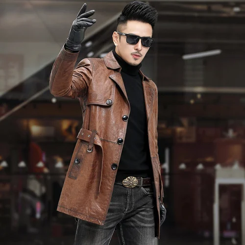 

Genuine Cowhide Coat Winter Jacket for Men Autumn Brown Leather Jackets Mens Coats Mulberry Silk Liner SGG695