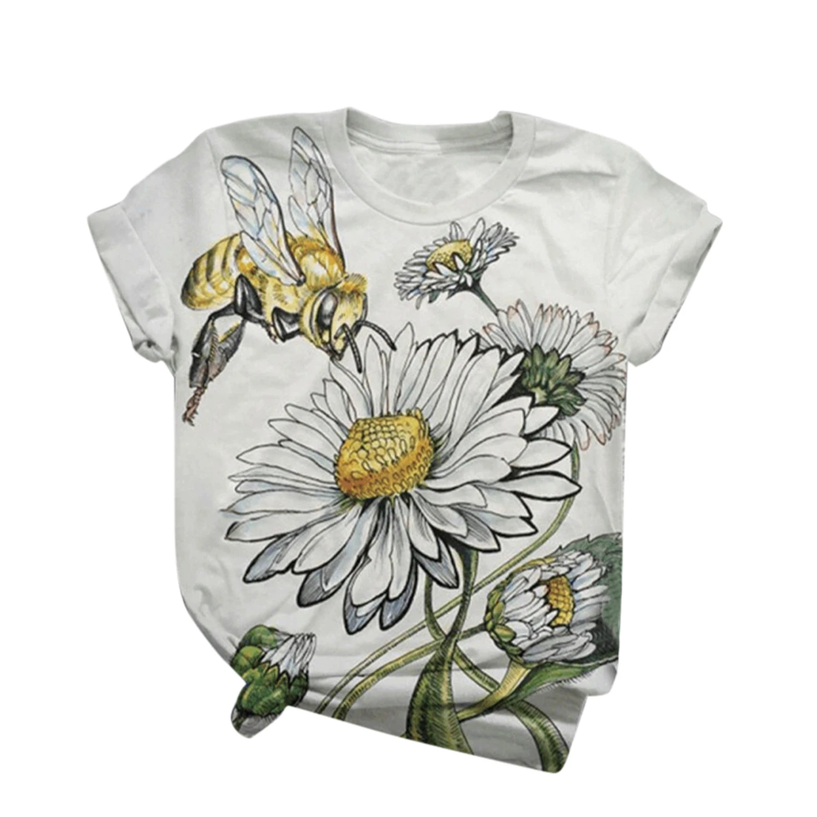 

Женская летняя повседневная модная футболка с круглым вырезом и принтом пчелы и цветов, женские топы в эстетике, футболка с коротким рукаво...