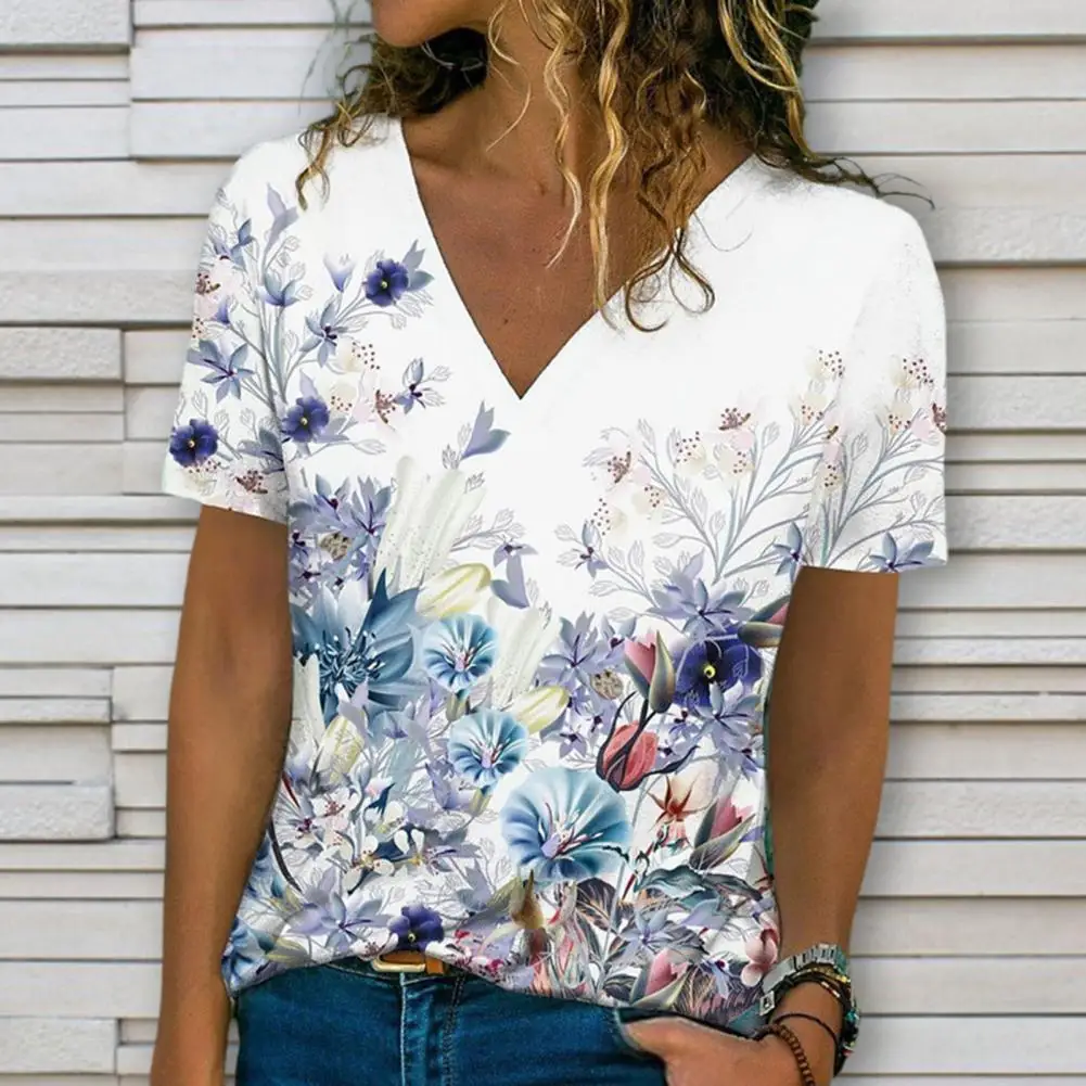 

Stylish Floral Themed Print Fashion Top Women T-shirt Cozy Short Sleeve