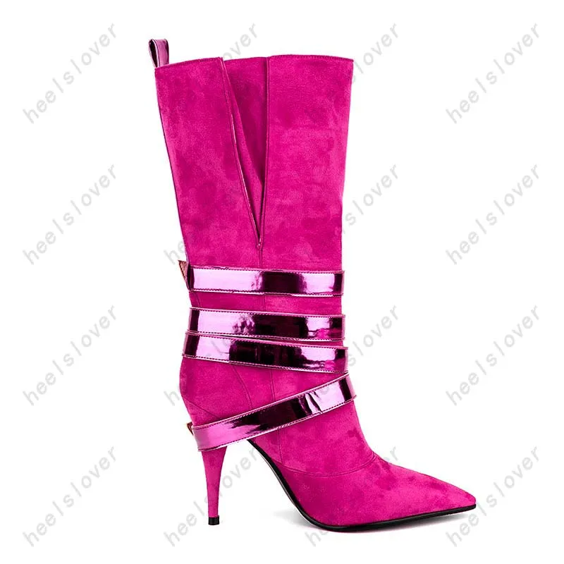 Женские зимние сапоги до середины икры Ahhlsion на тонком каблуке с ремешком пряжкой