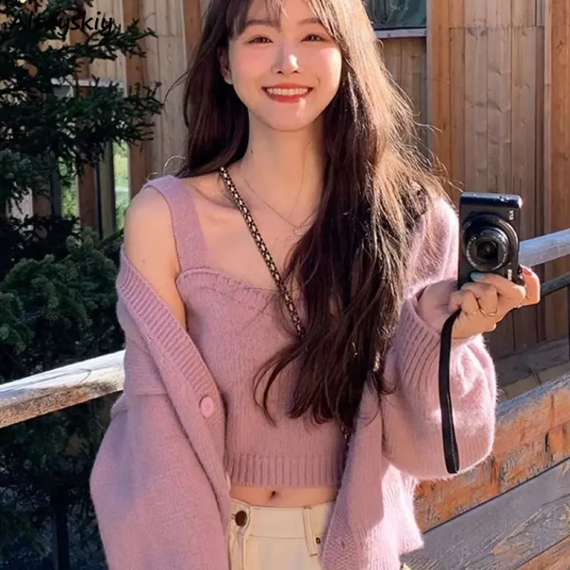 

Autumn 2 Pieces Sets Women Knitted Camis Sweater Cardigans Solid Tender Preppy Style Ins Simple All-match Casual Sweet Fashion