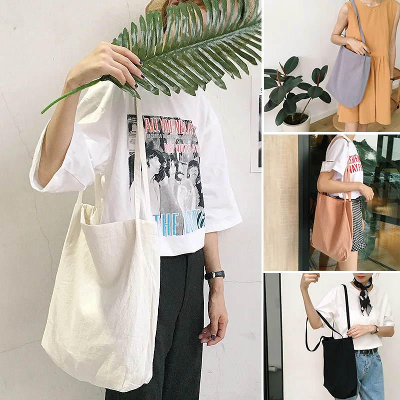 

Women Cotton Fabric Shoulder Bag Simple Eco Canvas Bag Soft Handbag Solid Casual Tote Female Environmental Reusable Shopping Bag