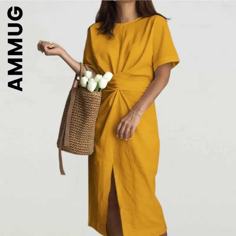 

Ammug Dress Women Fashion Short Sleeve Front Slit Bowknot Dresses Slim All-Match Robe Club Chic Vestidos Woman Clothes Female