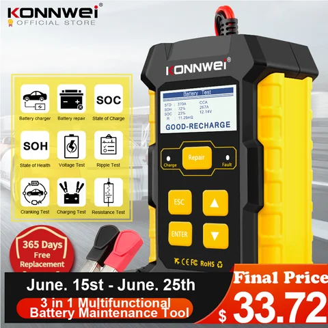 KONNWEI KW510 Полностью автоматический тестер автомобильного аккумулятора 12 В Импульсный ремонт 5А Зарядные устройства для аккумуляторов Влажный сухой гель AGM Свинцово-кислотный инструмент для ремонта автомобилей
