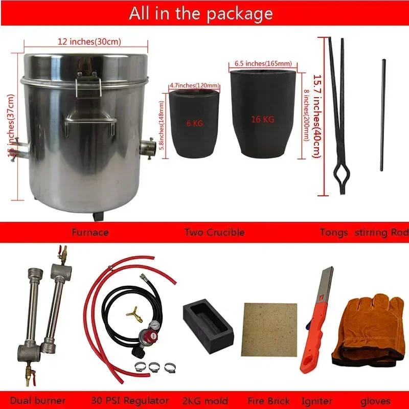 Большой комплект газовой плавильной печи по металлу 16 кг 2642 ° F/1450 C Пропановая