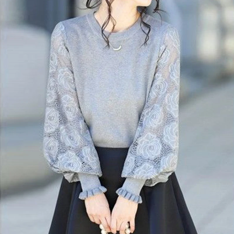 

New Spring Lace Jacquard Patchwork Elegant Fashion Knitted Jumpers Women Long Sleeve Loose Casual All-match Pullover Sweaters