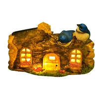tree trunk fairy house solar powered led decor garden resin statues with 3d engraving birds cottage decoration for landscape