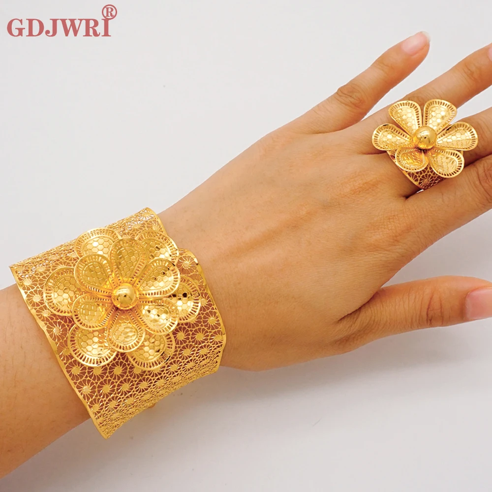 

Dubai Gold Color Chain Cuff Flower Bangle With Ring For Women Indian Moroccan Bracelet Jewelry Nigerian Wedding Party Gift