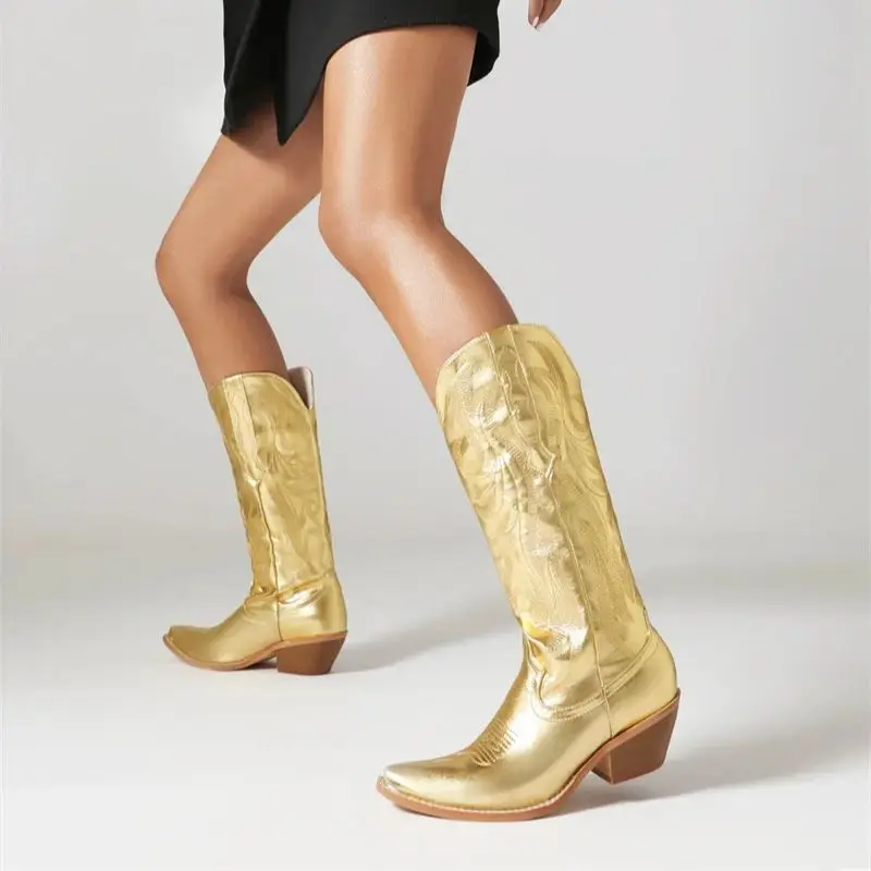 Женские ковбойские ботинки западные высокие золотые кожаные до середины икры на