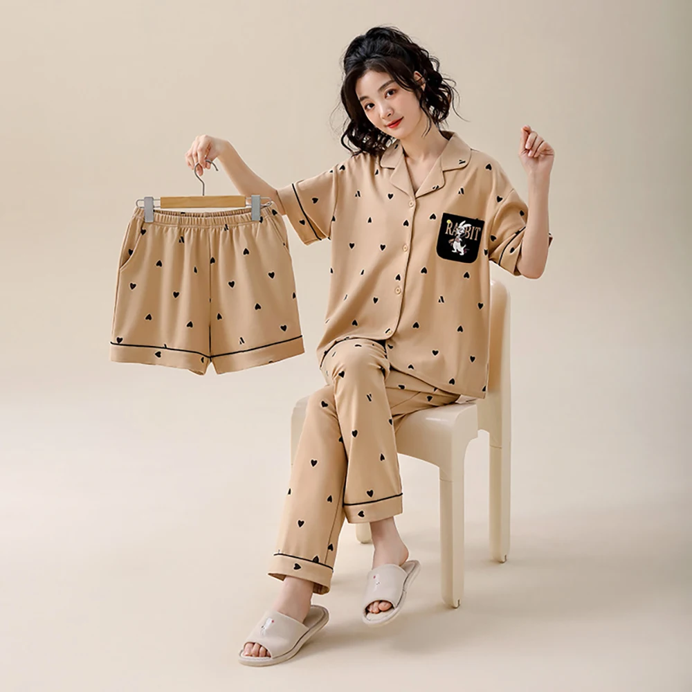 3Pcs Women's Summer Cotton Suit Casual Thin Short Sleeve Sleepwear+Fashion Print Pajamas Pants+Elastic Shorts Soft pijama mujer