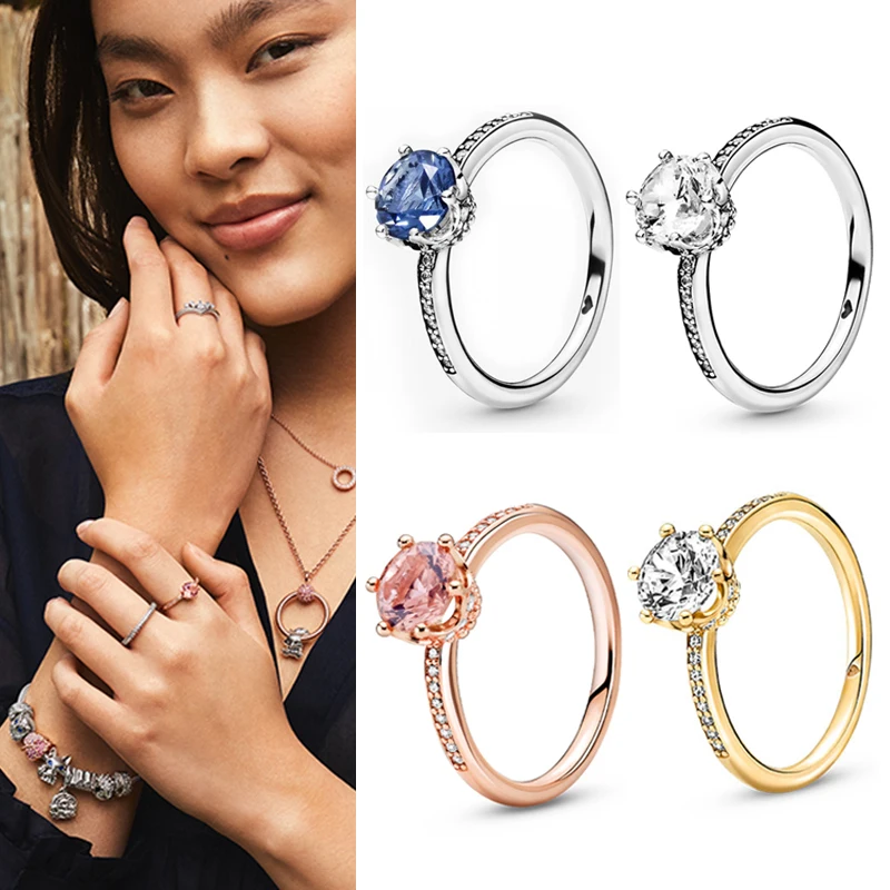 

925 кольцо Silver Pan Ring Blue Sparkle Crown With Large Crystal Cz Pan Ring For Women Wedding Party Fashion Jewelry