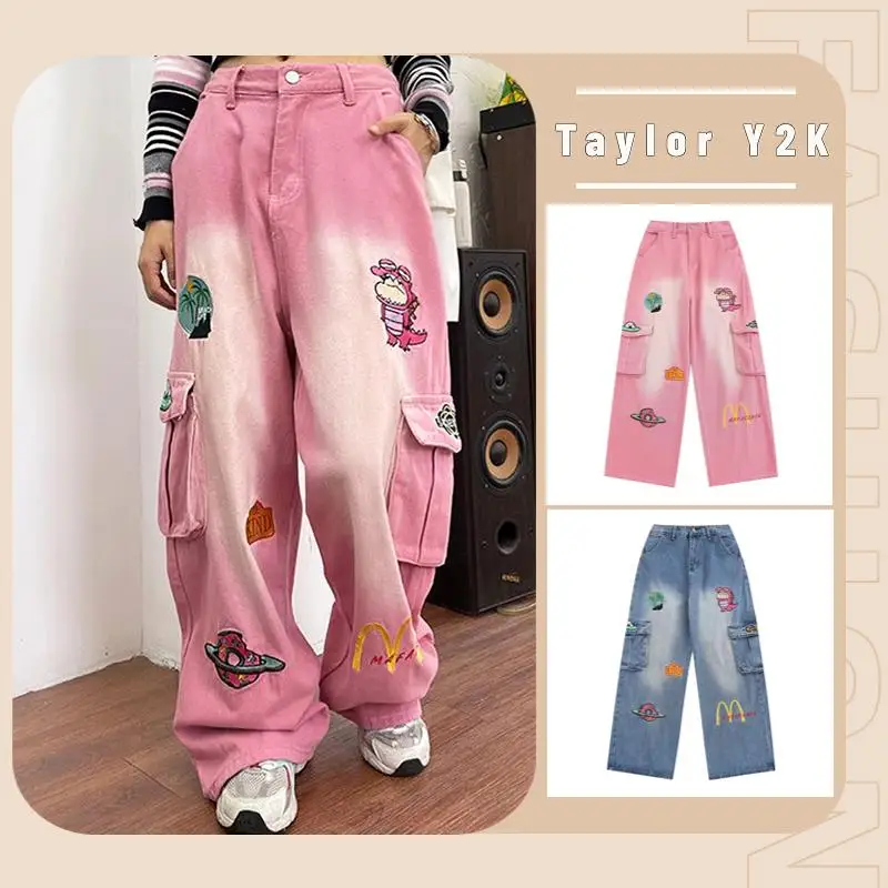 

Anime Crayon Shin-Chan Pants Cartoon Y2K Sweet Girls American Vintage Embroidery Gradient Jeans Loose Straight Couple Trousers