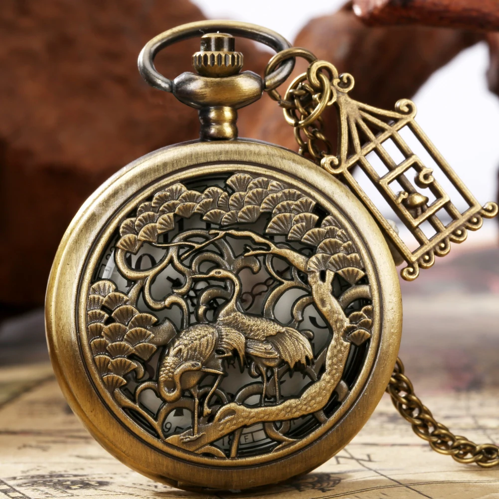 

Vintage Hollow Crane Tree Display Quartz Pocket Watch Classic Arabic Numerals Round Dial Bronze Necklace Pendant Pocket Clock