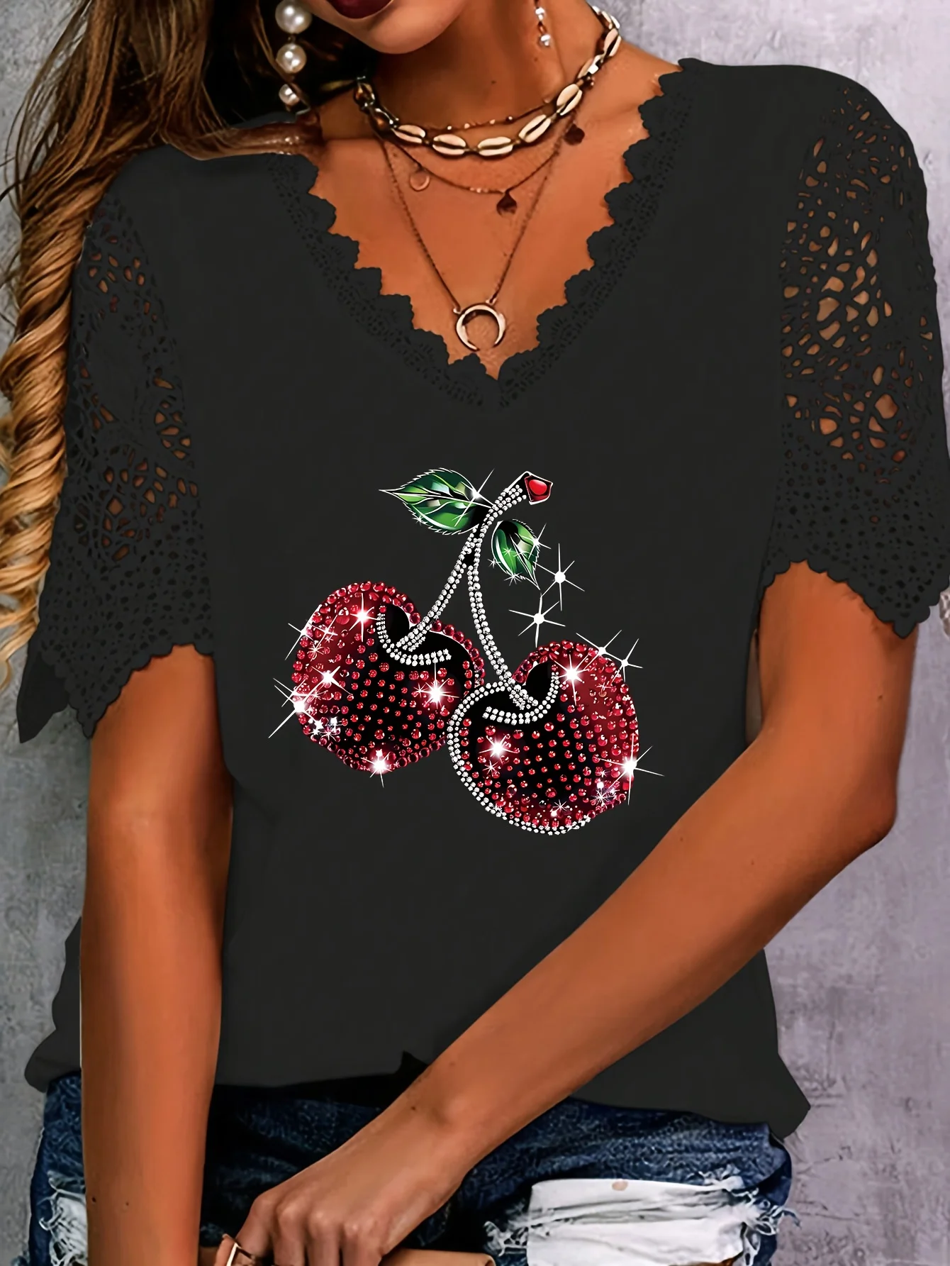 Топ женский кружевной с V-образным вырезом и коротким рукавом батальных размеров