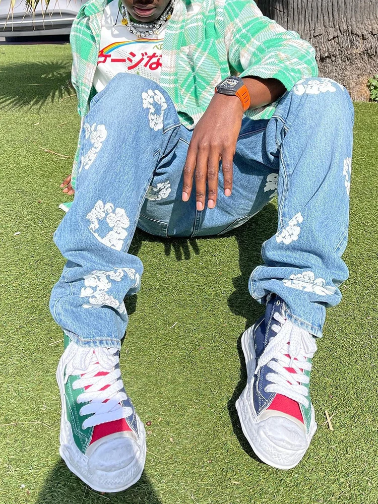 New Arrival Loose Straight Comfy Cotton Denim Pants Trousers Y2K Clothes Streetwear Casual Fashion Flowers Printed Jeans For Men