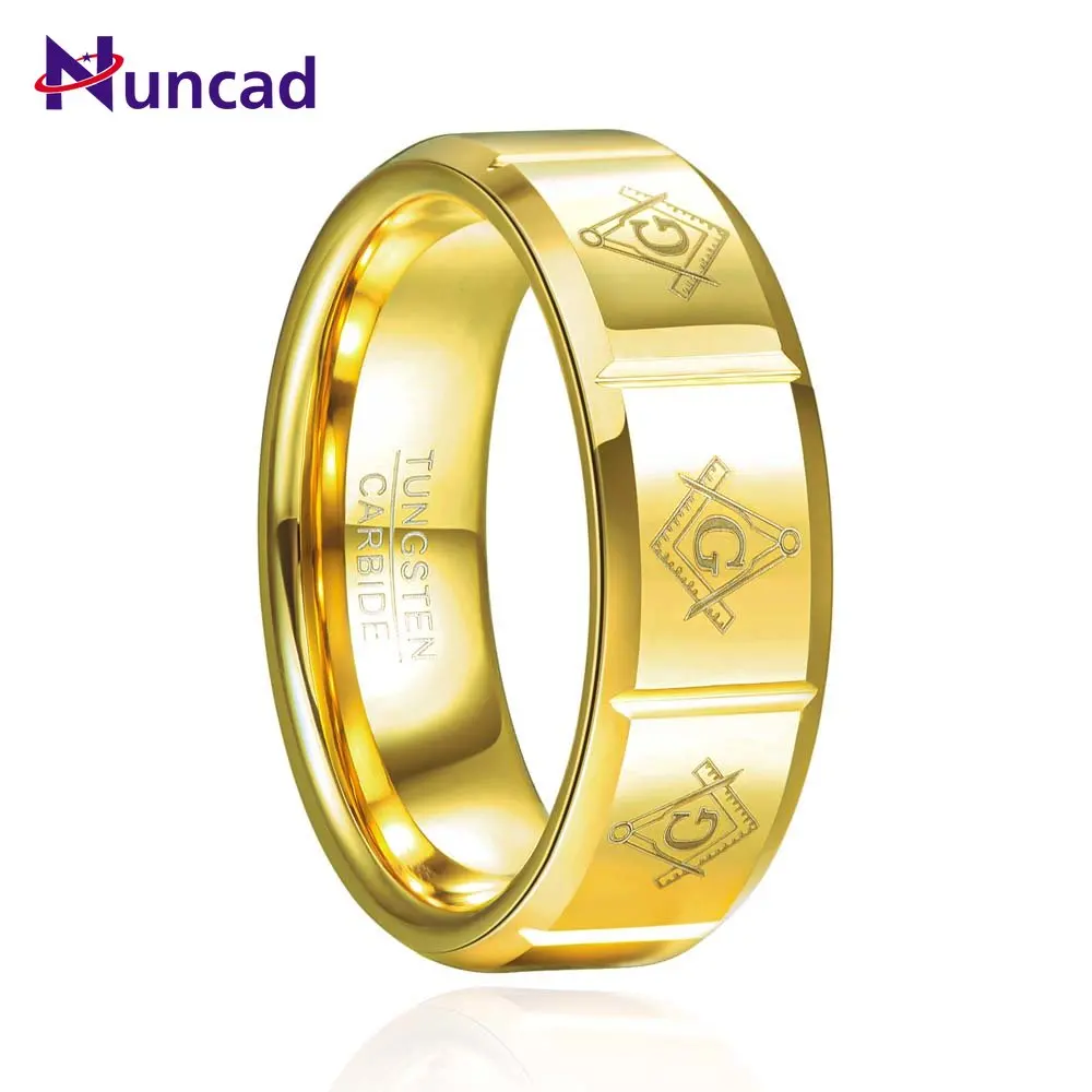 

NUNCAD 8mm Electric Gold Laser Masonic Pattern Gold Tungsten Carbide Ring Men's Fashion Wedding Jewelry Size 7-12
