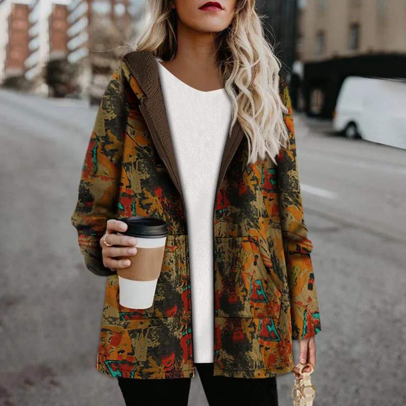 2022 winter new loose cotton coat women's mid-length printed hooded warm cotton coat