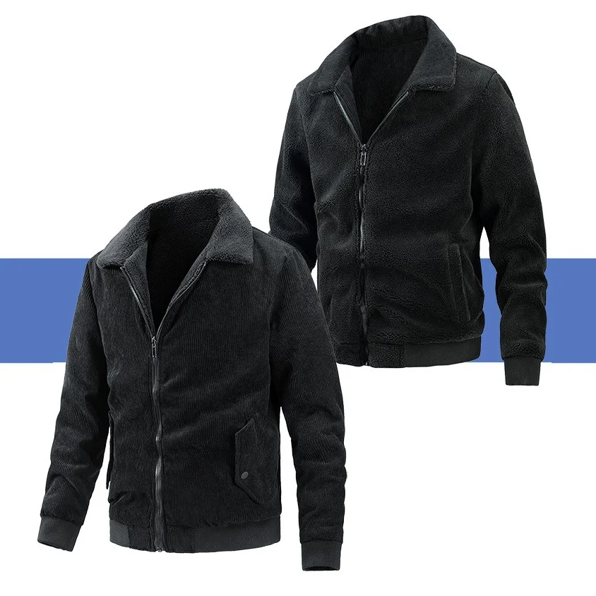 2022 Double-sided Wearable Plus velvet lining Warm Jacket Mens Fashion corduroy Baseball Uniform Casual Winter Jacket Men