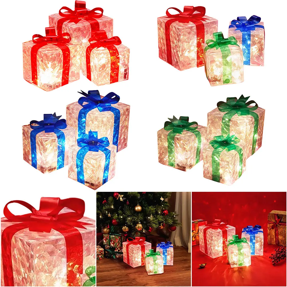 Набор из 3-х рождественских подарочных коробок с подсветкой и бантом Подарочные