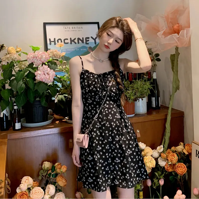 

Summer Black Vintage Floral Dress French Style Spaghetti Strap Chiffon Sleeveless Print Women Dresses Fashion Streetwear