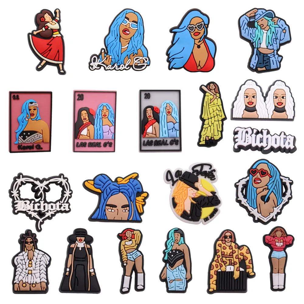 

1-20Pcs Fashional Singer Rock Women Karol G PVC Garden Shoe Charms Buckle Decorations DIY Sandals Wristbands Bacpack Croc Jibz