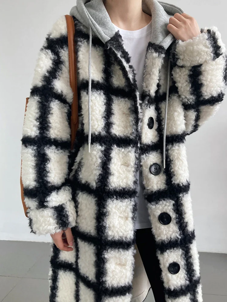 

Plaid Lamb Swool Mix Hooded Wool Coats Korean Women Mid-length Winter Loose Long Sleeve Fur One Piece Thick Plush Overcoat H984