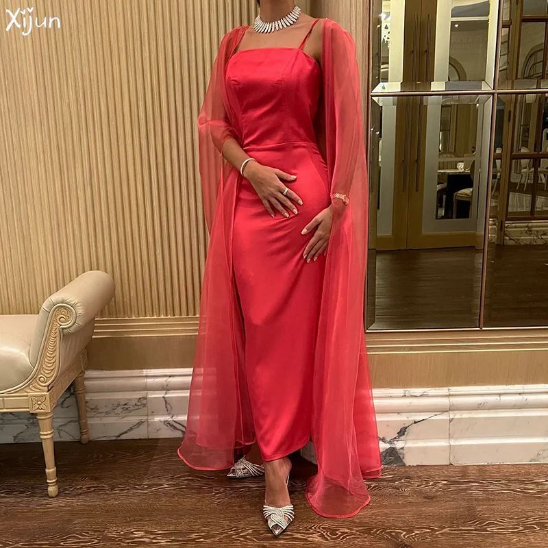 

Xijun Elegent Red Mermaid Long Evening Gowns Spaghetti Strap Formal Prom Dresses For Women Saudi Arabia Sleeveless Party Gown