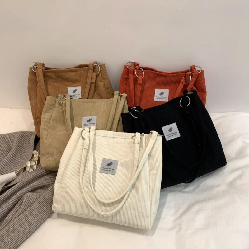 

Corduroy Women's Bucket Shoulder Bag Korean Version Simple Casual Buckle Solid Color Shopping School Bags Ladies Canvas Tote Bag