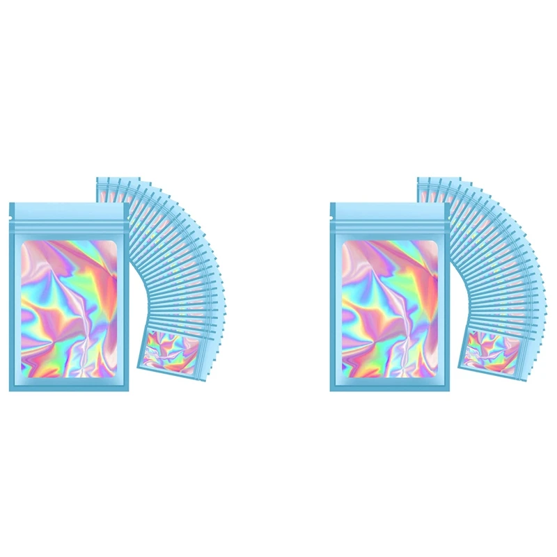

200Pcs Resealable Holographic Bags, Smell Proof Mylar Pouch With Clear Window For Food Storage Party Favor Business