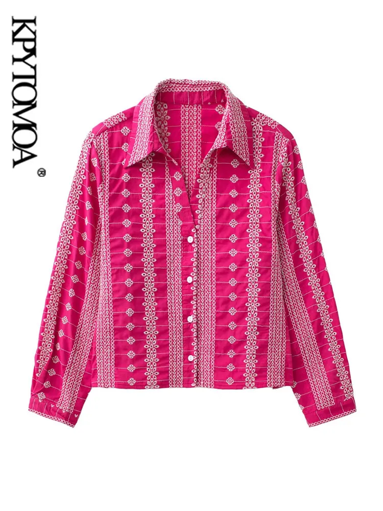 

KPYTOMOA Женская модная контрастная с вышивкой короткая рубашка Винтажная с рукавом три четверти с пуговицами женские блузки шикарные топы