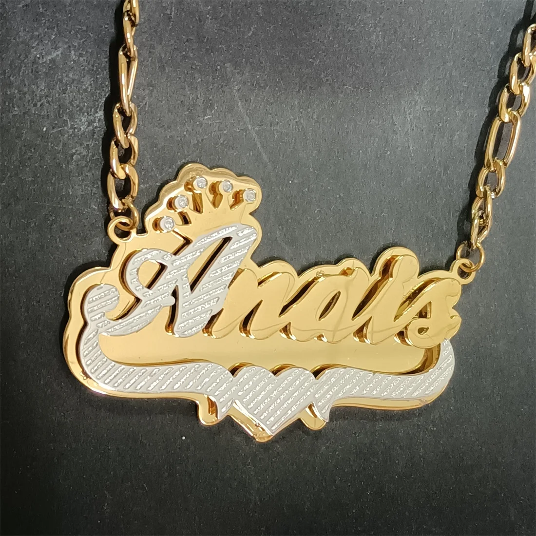 

VishowCo Custom Double Nameplate Necklace With Crown Stainless Steel Figaro Chain Gold 3D Name Pendant Letter Choker For Couple