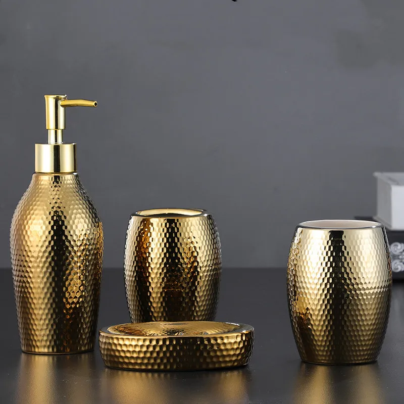

4 pcs/ lot Nordic golden ceramic wash set Bathroom Accessories Soap Dispenser Toothbrush Holder Bathroom Supplies WF