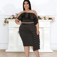plus size set sexy sleeveless backless ruffle blouse and high waist hip wrap skirt party large womens suit two piece set