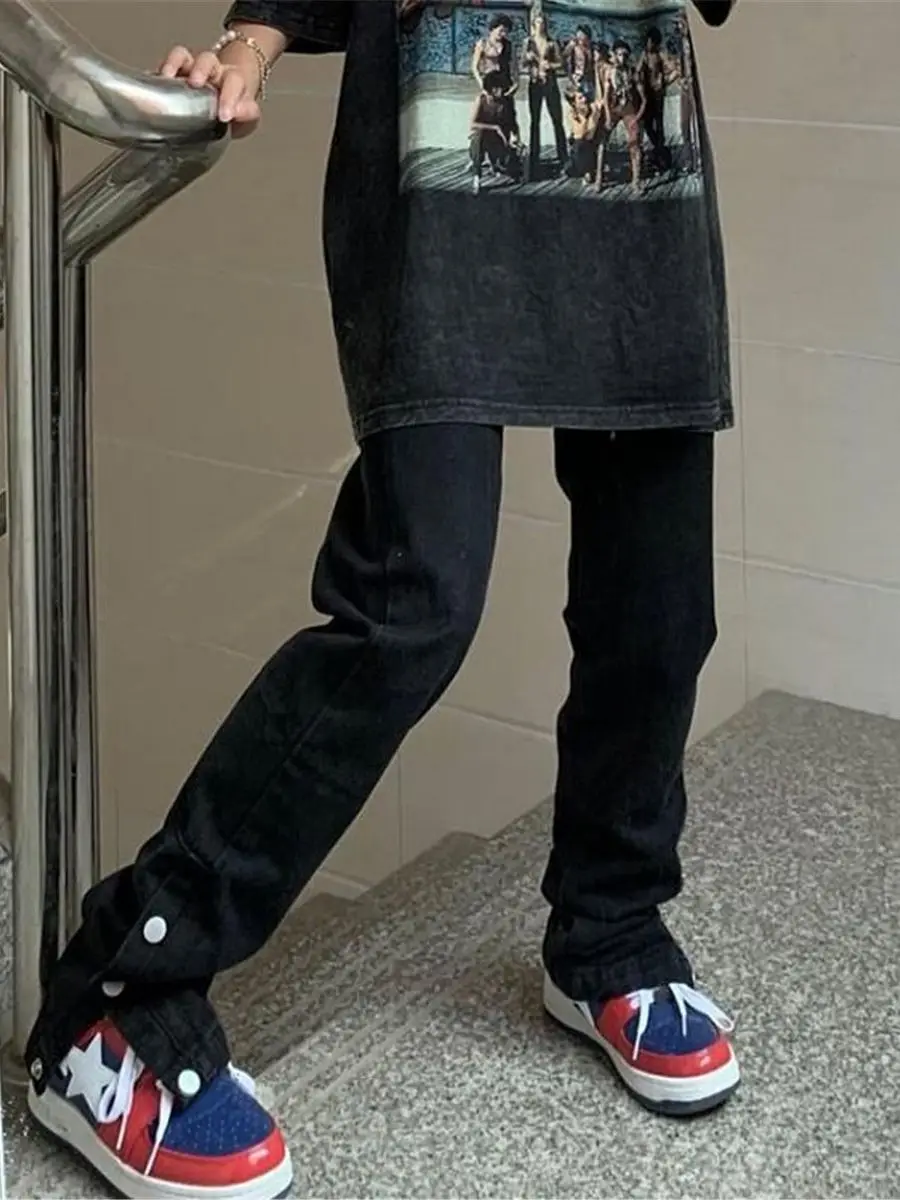 

Модные черные джинсы на пуговицах для девушек Ulzzang прямые брюки с широкими штанинами брюки 2023 Harajuku джинсовая сумка винтажные осенние джинсы для женщин