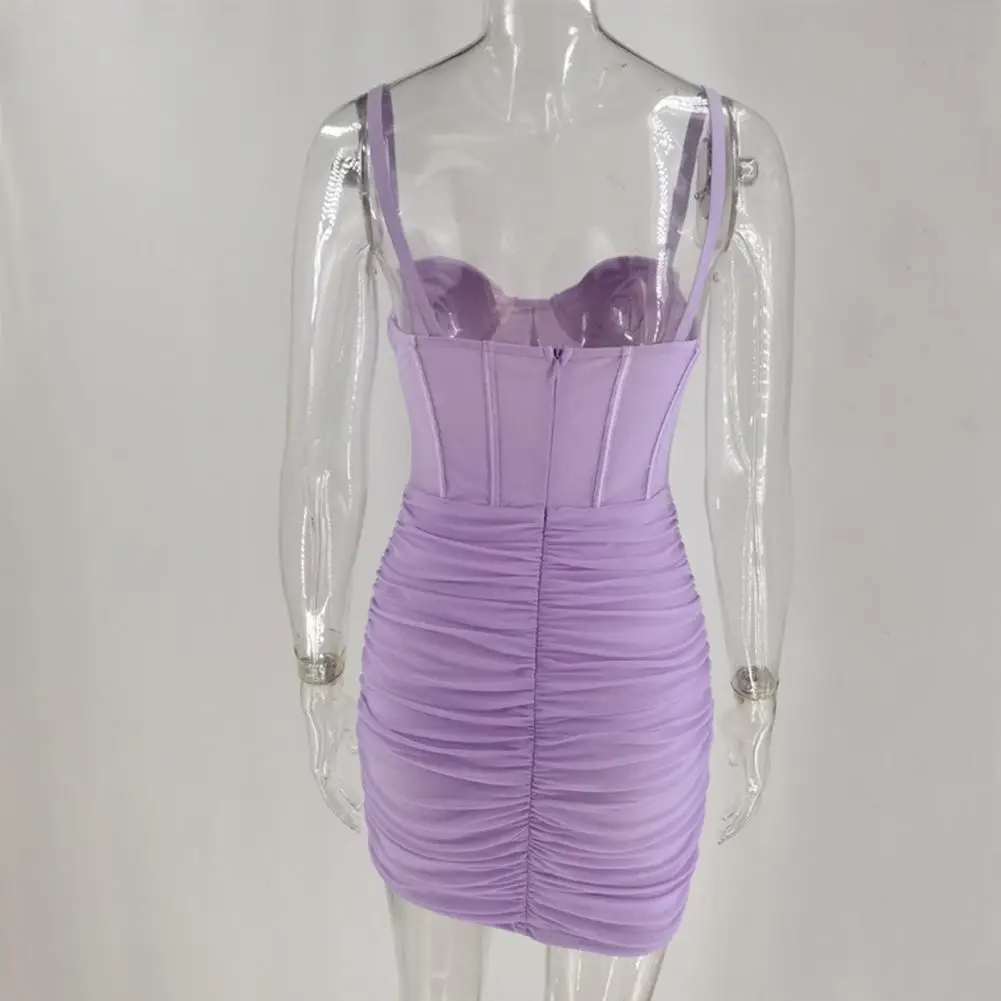 

Mini Dress Solid Color Sling Dress Net Yarn Pleated Hip Wrap Bodycon Sling Dress