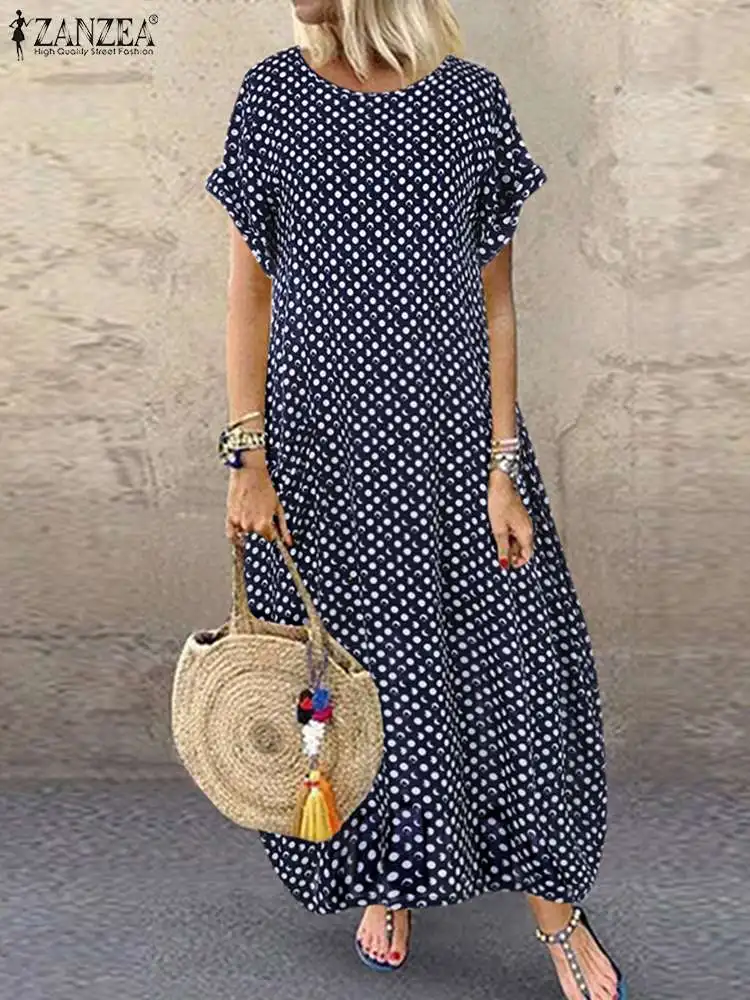 

Лето 2023, сарафан ZANZEA в горошек, женское винтажное длинное платье-багги, женское платье с круглым вырезом и коротким рукавом, женское пляжное платье, кафтан