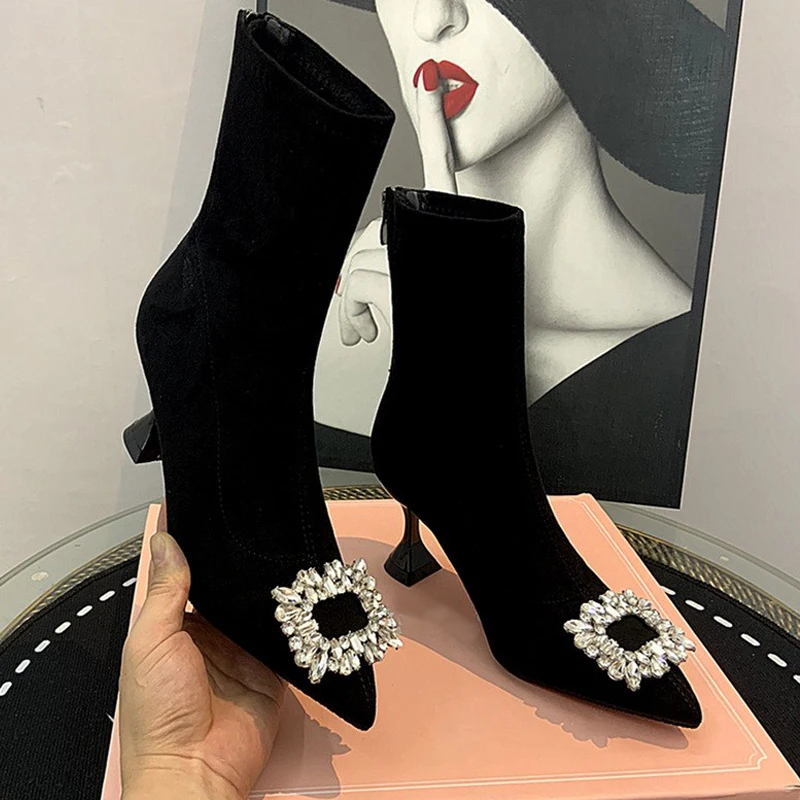 

Pointy Toe Black Velvet Stretch Boots Women Luxury Heeled Ankle Booties with Crystal Buckle Lady Brand Design Party Sock Botas