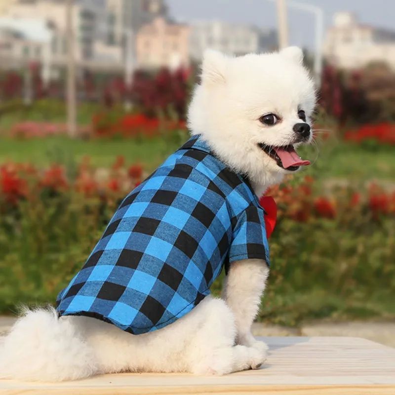 

Spring Summer Dog T-Shirt Clothes For Small Medium Dog Pets Valentines Shirts Pet Clothes Gentleman Dog Plaid Shirt with Bowtie