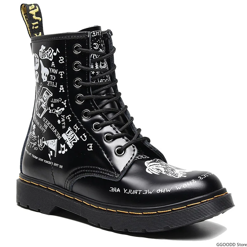 

High-top Middle Boots Women Personality Hard Leather Skull Short Boots Unisex Graffiti Leather Boots Round Toe Motorcycle Shoes