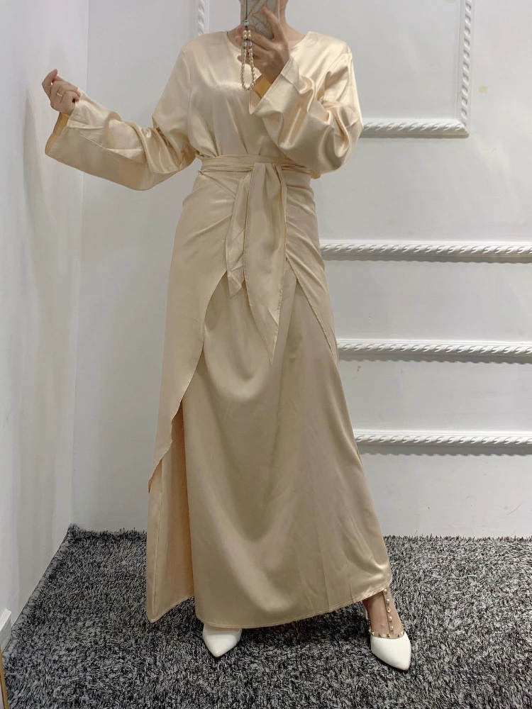 3 Piece Silky Abaya Set Plain Matching Outfit Women Muslim Fashion Dubai Saudi Modesty Open Kimono Long Dress Wrap Skirt Turkey