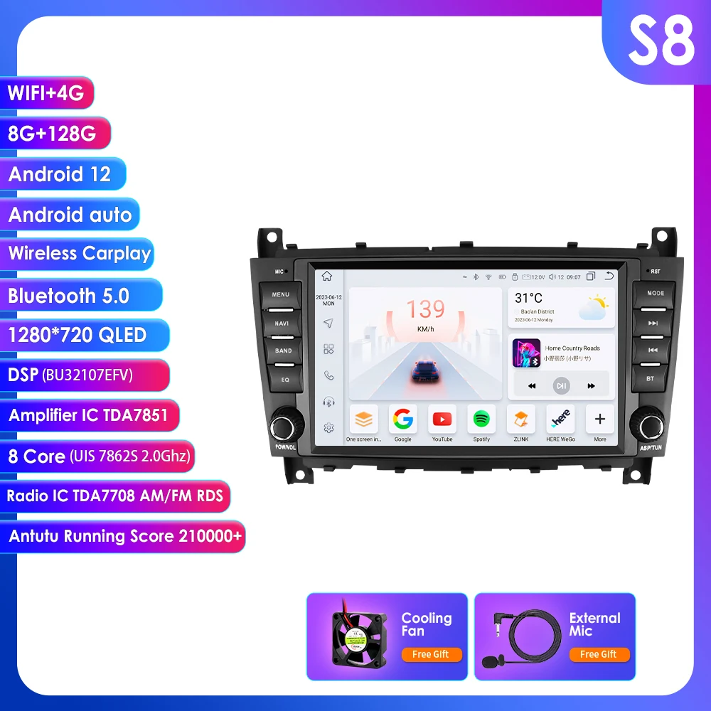 

Автомобильный радиоприемник Android 12, GPS-стерео для Mercedes Benz W203 C180 C320 C55/W209 CLK200 CLK220, мультимедийный видеоплеер, 4G, WIFI Carplay
