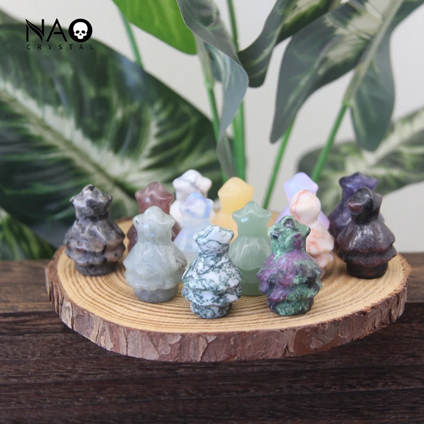 

1.2" Mini Christmas Trees Statue Carved Gemstone Home Decor Healing Crystal Quartz Small Figurine Gift Presents from Santa Claus