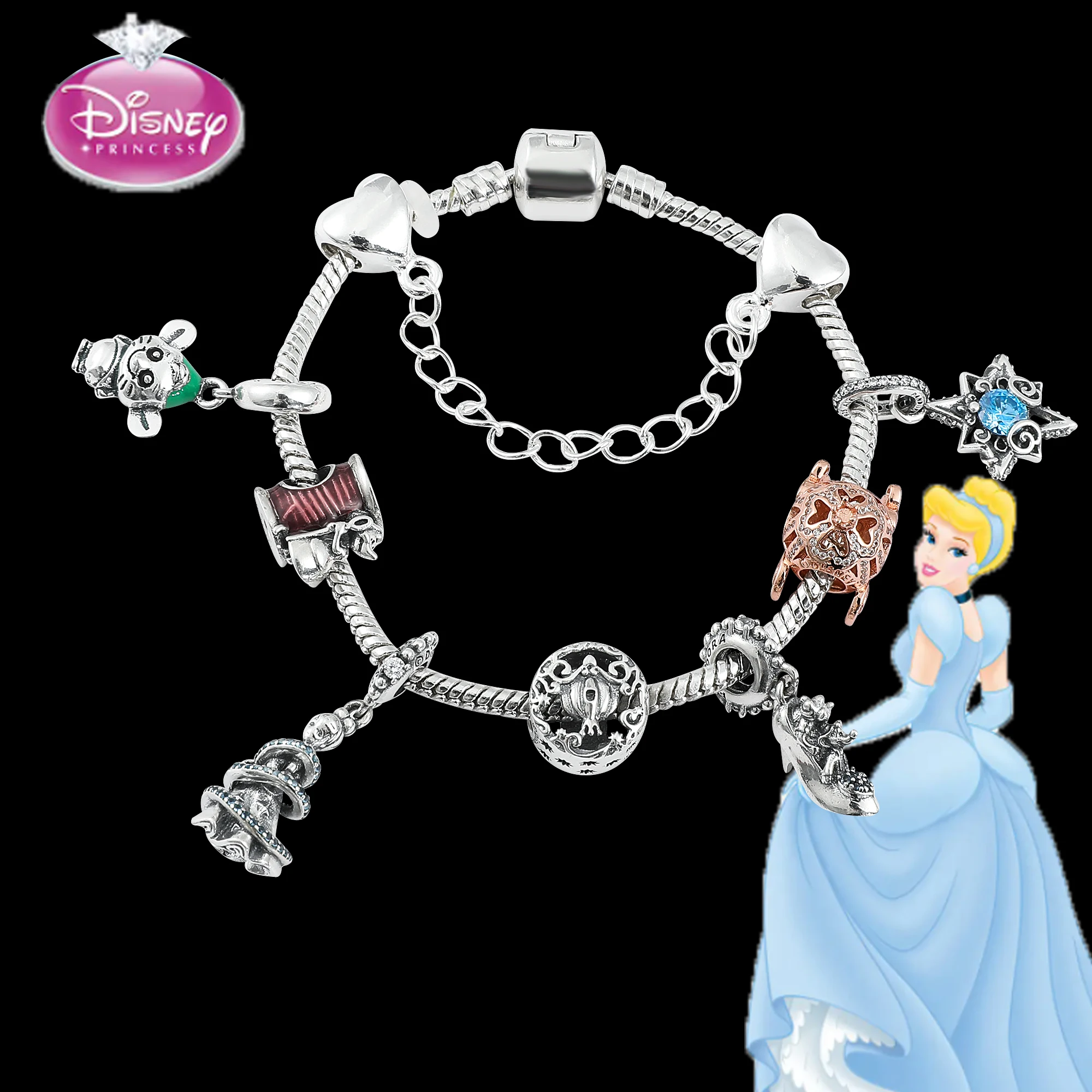 Move Cinderella Disney Bracelet Designer Charms Jewelry Crystal Bracciali Donna Luxury Silver Plated Bangles Diy Jewelry
