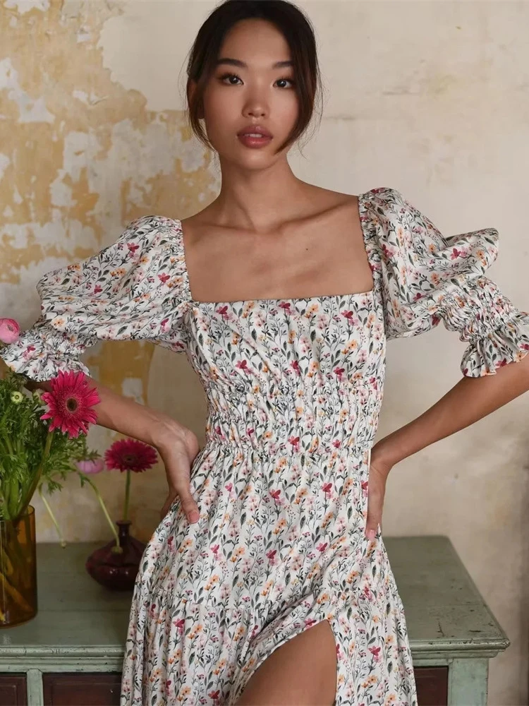 

Женское платье миди с квадратным воротником Jastie, осеннее платье с коротким рукавом и открытой спиной, Повседневное платье с принтом в стиле бохо