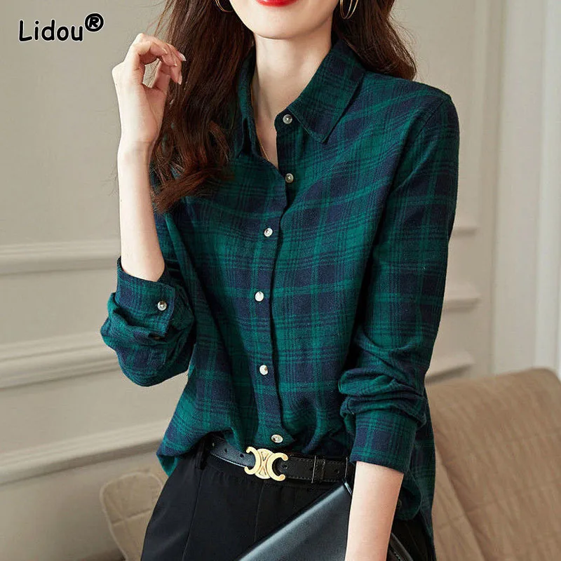 Thin Single Breasted Slim Women Shirt Office Lady Polo-neck Long Sleeve Button Women's Clothing Plaid Spring Autumn Korean Trend