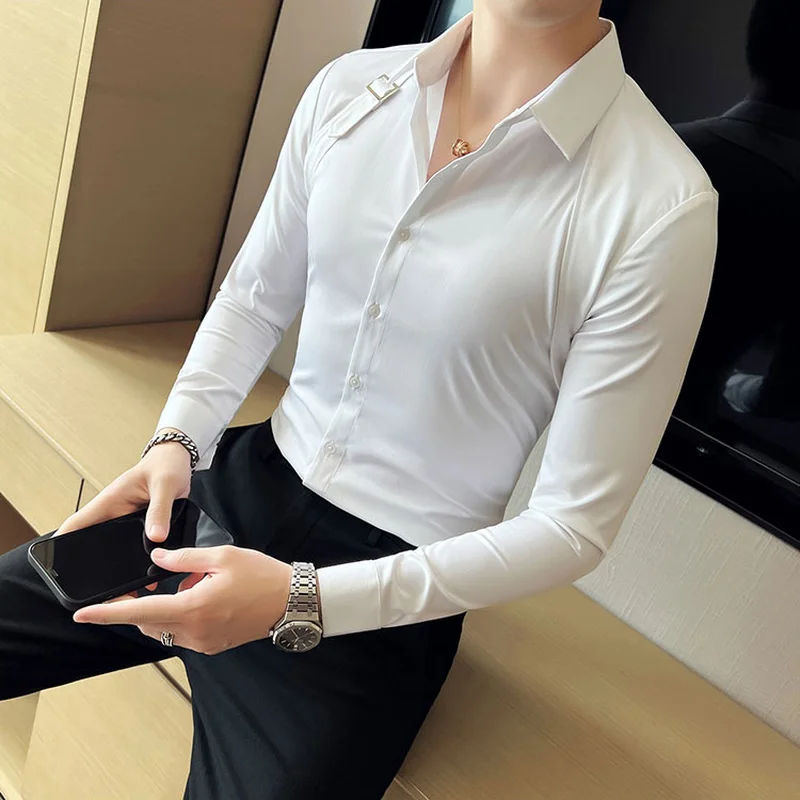 Strap Decoration Men's Shirts 2022 Autumn Long Sleeve Slim Casual Shirt Business Social Dress Shirts Streetwear Chemise Homme