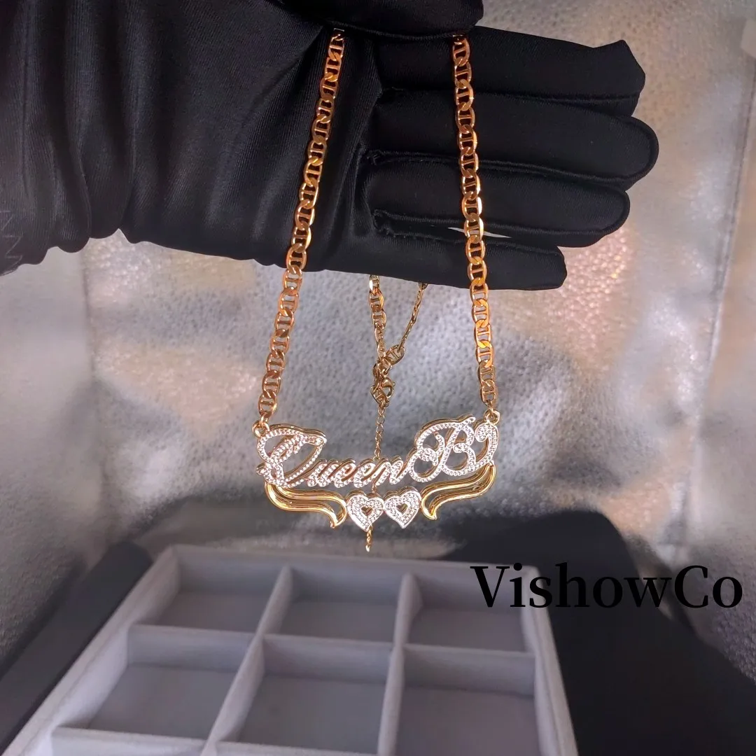 

VishowCo 3D Nameplate Pendant Custom Name Double Layered Necklaces Gold Color Plated Stainless Jewelry Gifts