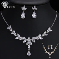 lxoen brand design fashion white cz zirconia leaf earrings necklace sets for women bridal weddings jewelry set