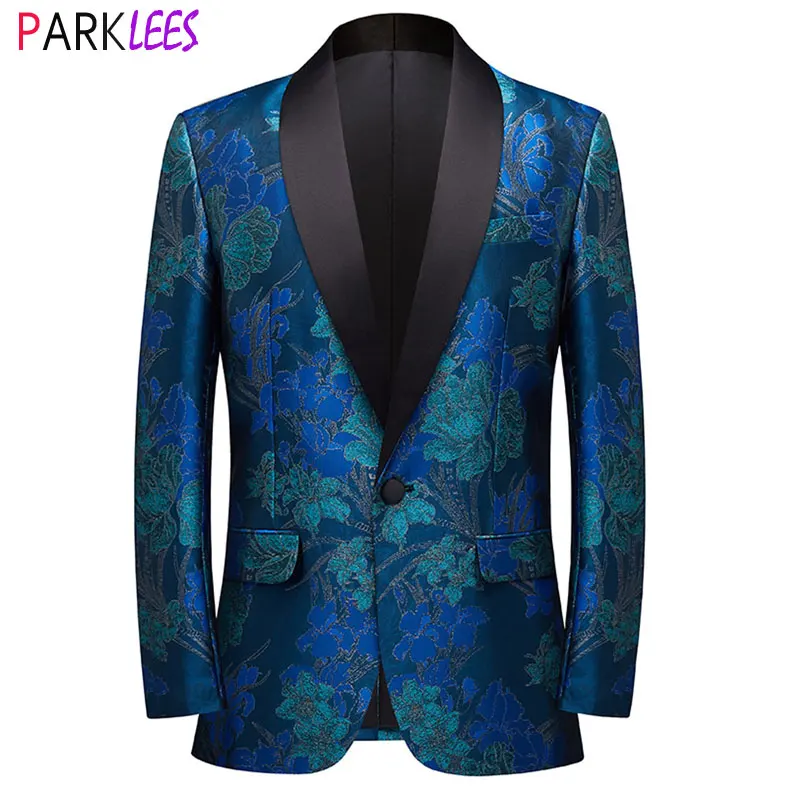 Luxury Floral Embroidery Suit Jacket Men Shawl Collar One Button Blue Tuxedo Blazers Mens Wedding Party Dinner Costume Homme 3XL